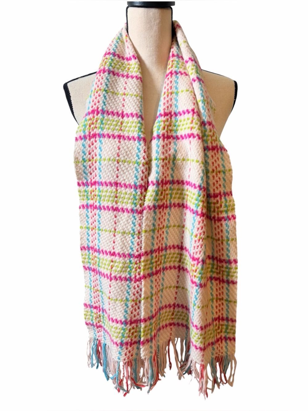 Vintage 100% Cashmere Scarf Made in Germany | Bright Plaid Tassel Fringe